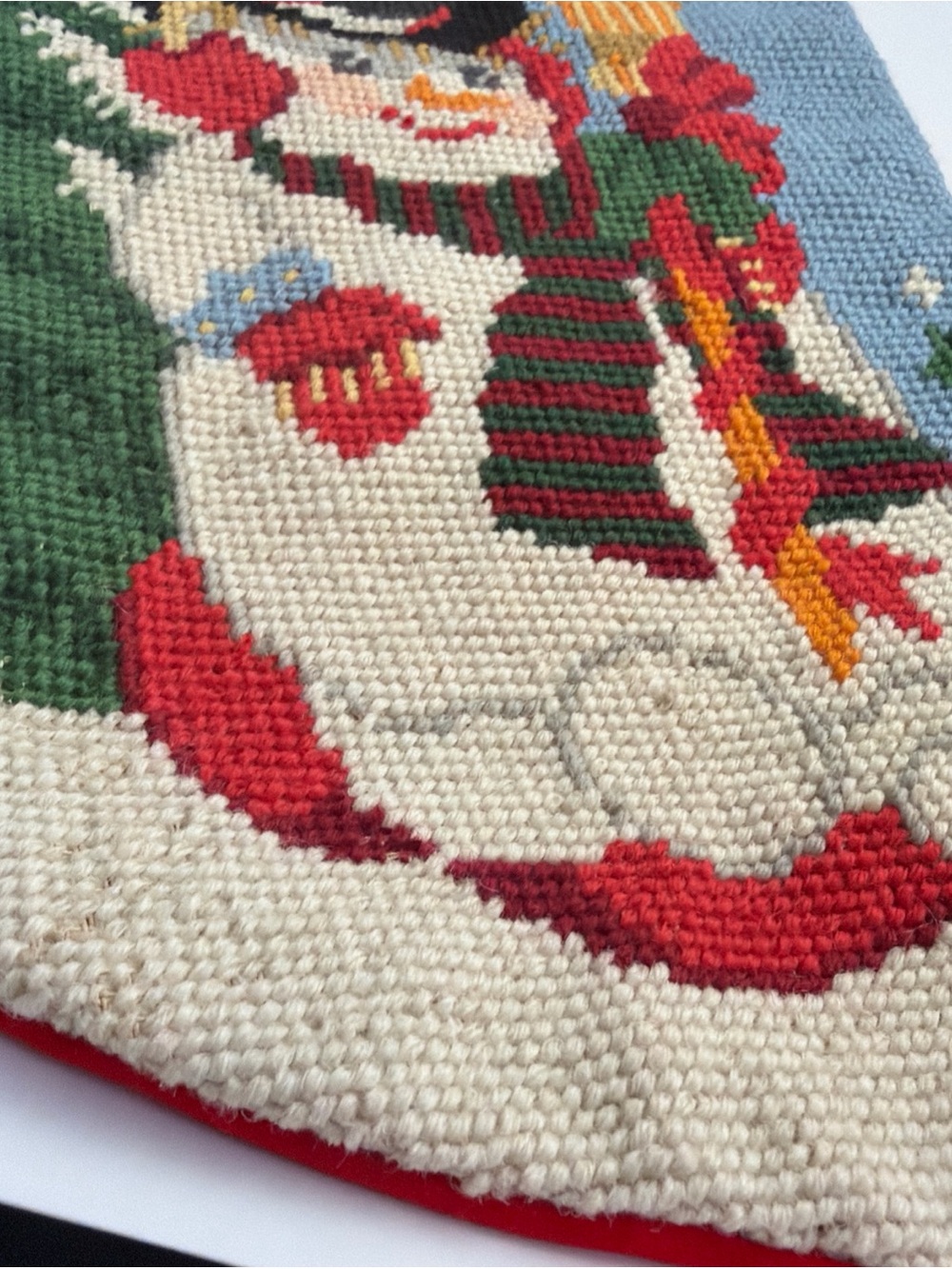Vintage Wool Needlepoint Christmas Stocking Velvet Let It Snow Snowman - Picture 8 of 15